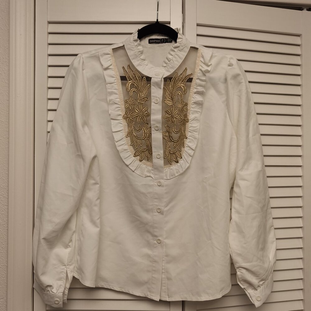 Boohoo Gold lace bodice and white ruffle detail blouse $25 for $15
